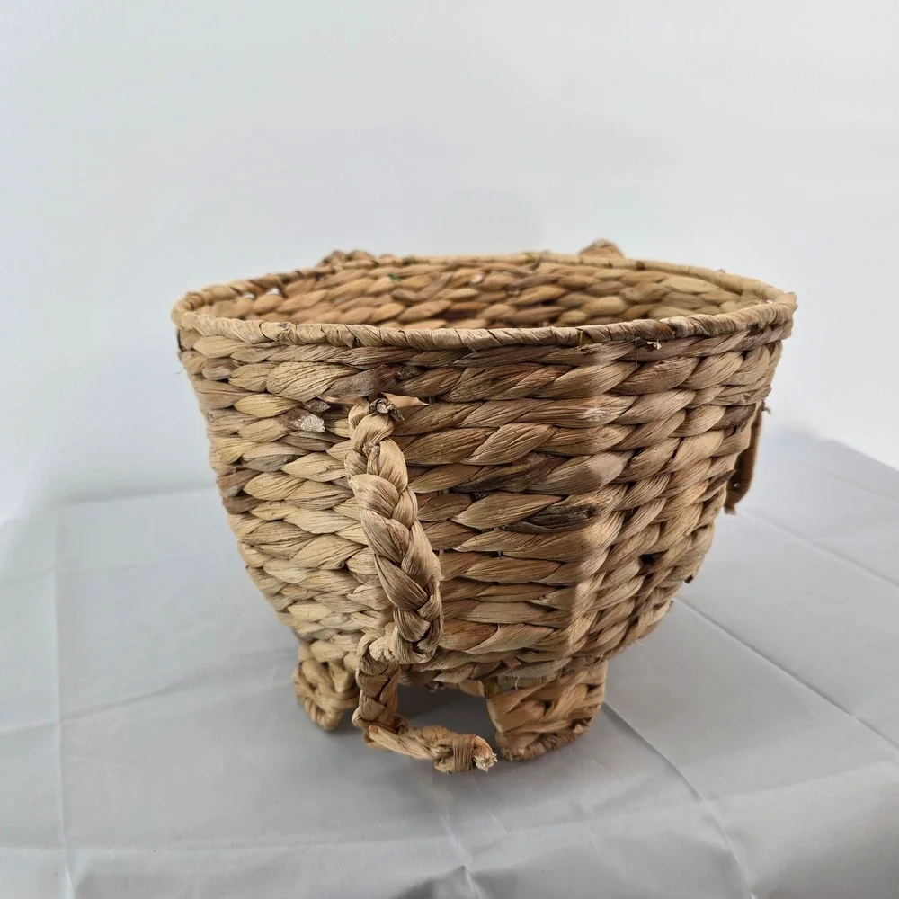 Woven Elephant Basket Natural Water Hyacinth Animal Shaped Storage Boho Decor